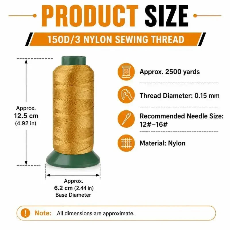 A spool of 150D/3 nylon sewing thread with a green core and gold-colored thread, showing its size and recommended needle spec