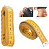 Yellow flexible measuring tape shown in various uses for body measurement and sewing