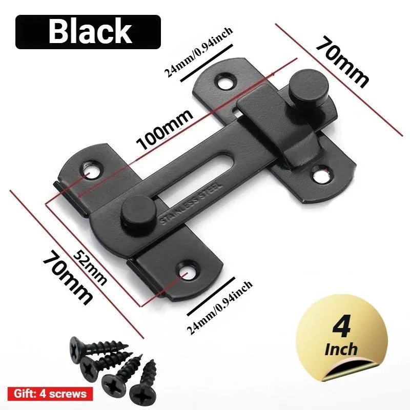 Black stainless steel sliding door latch lock with mounting plates and four screws