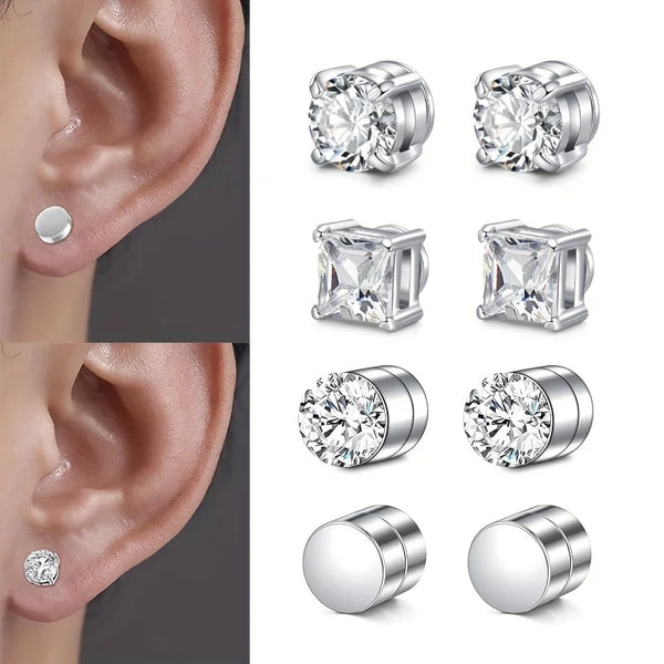 Pendientes de punk magnéticos de acero inoxidable mostrados en varios estilos y ángulos