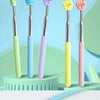 A set of five colorful retractable teacher pointers in lime green, blue, purple, yellow, and pink are displayed against a lig