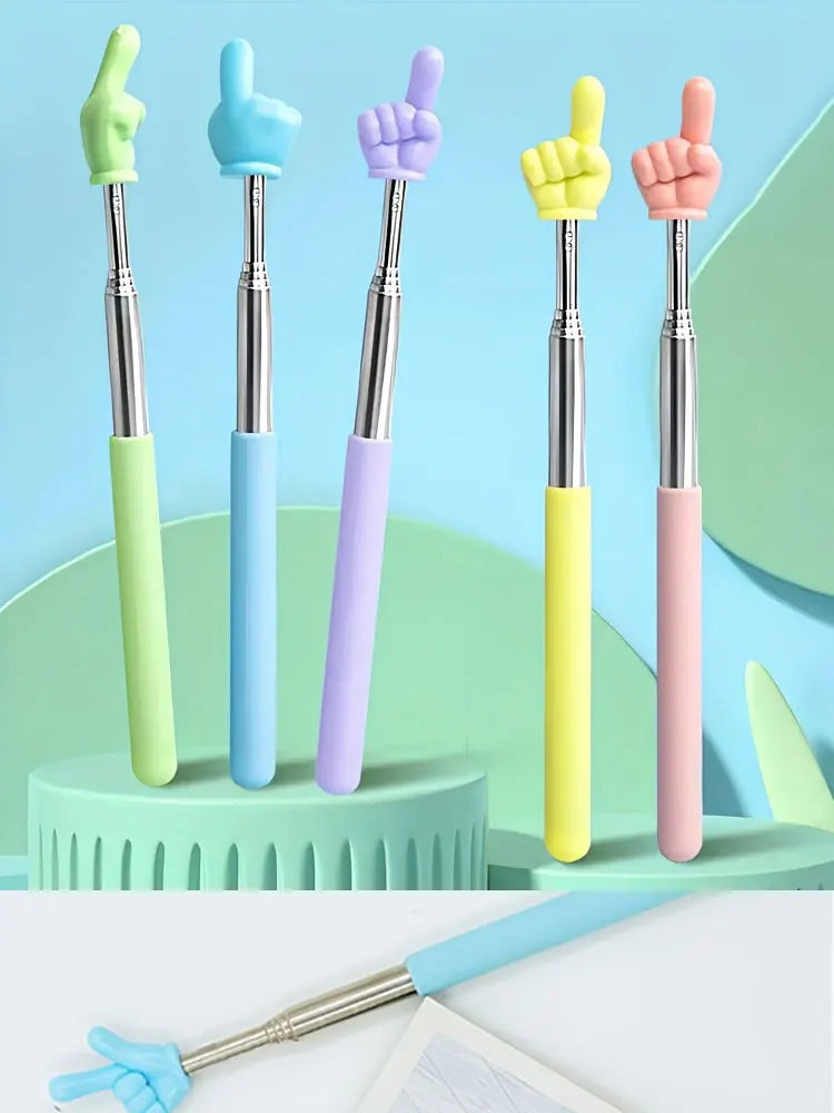 A set of five colorful retractable teacher pointers in lime green, blue, purple, yellow, and pink are displayed against a lig