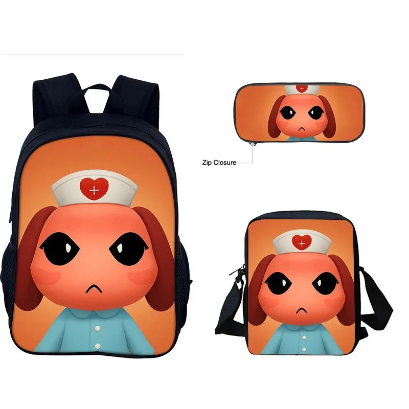 An Animal Hospital backpack set featuring a character design on the bag and an accompanying crossbody bag.