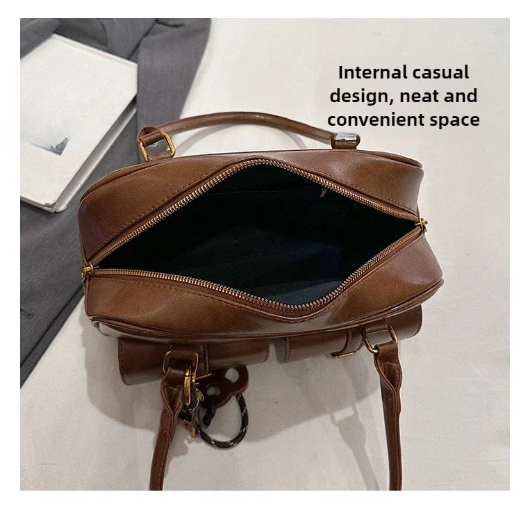 Women's Retro PU Leather Shoulder Bag with Multiple Pockets & Detachable Charm