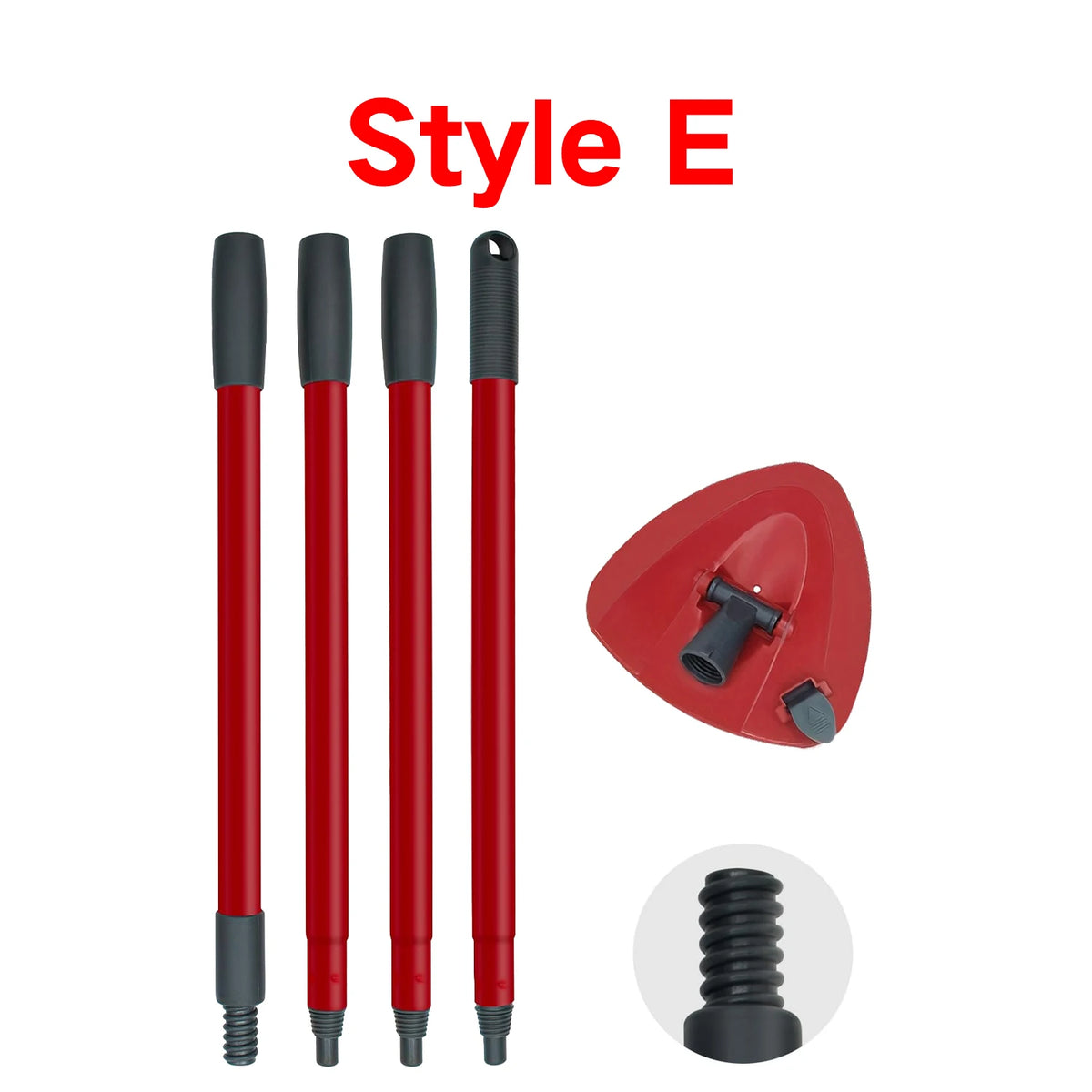 Red Style E replacement mop handle and base for O-Cedar/Vileda systems with a separate black adapter.