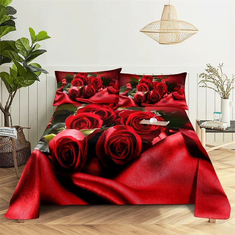 A close-up of a red rose 3D digital print bedding set featuring deep red roses and green foliage.