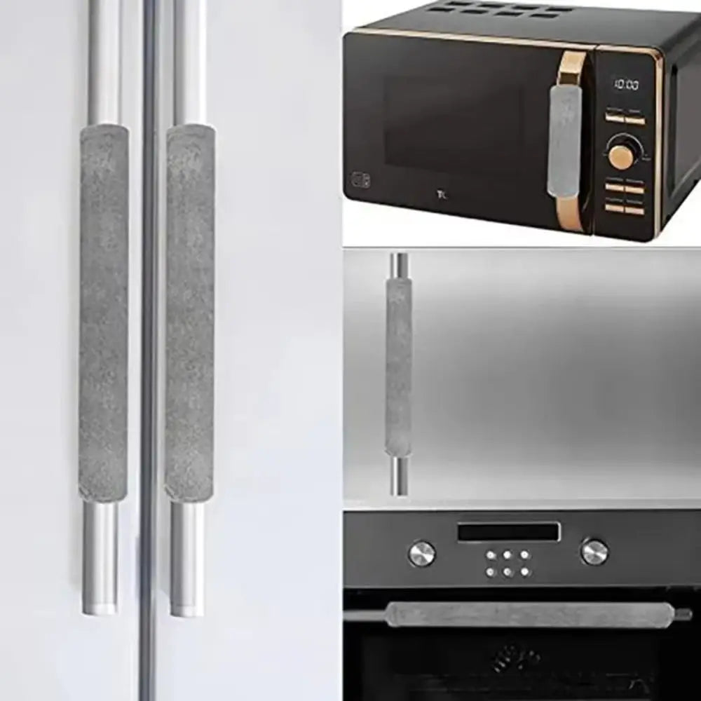 Two silver oil-proof refrigerator handle covers mounted on a white cabinet door.
