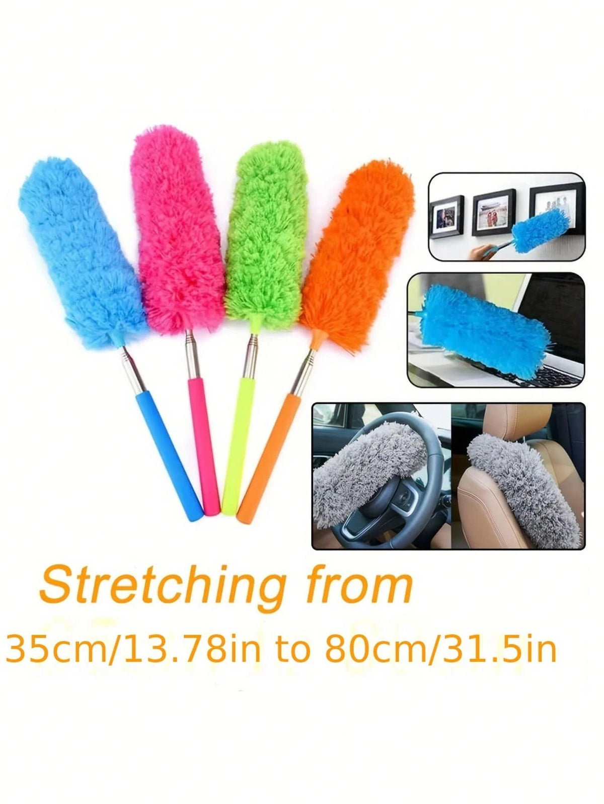 A set of colorful flexible microfiber duster brushes in blue, pink, green, and orange, shown with examples of their use.