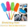 A set of colorful flexible microfiber duster brushes in blue, pink, green, and orange, shown with examples of their use.