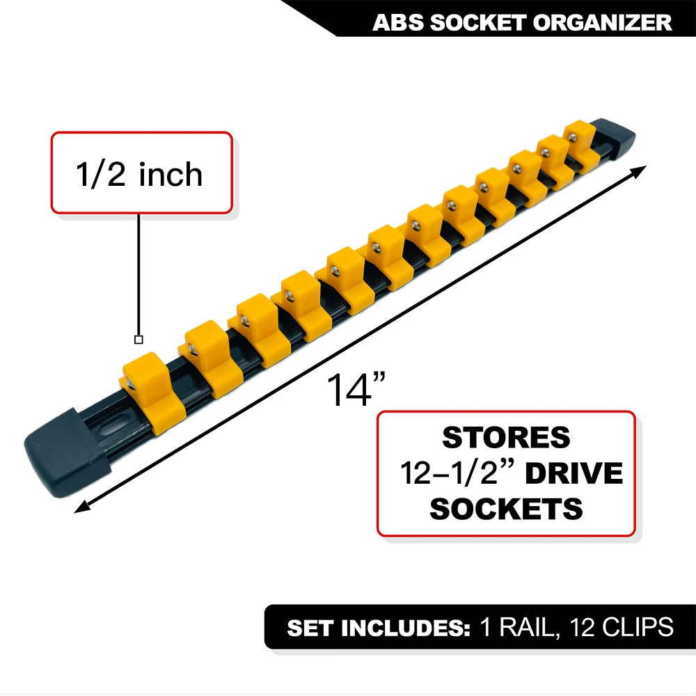 ABS socket organizer rail featuring twelve yellow clips for storing 1/2 inch drive sockets