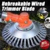 An orange and silver wire trimmer blade is shown mounted on a string trimmer, with a close-up of the spinning wire wheel.