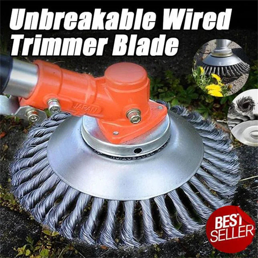 An orange and silver wire trimmer blade is shown mounted on a string trimmer, with a close-up of the spinning wire wheel.