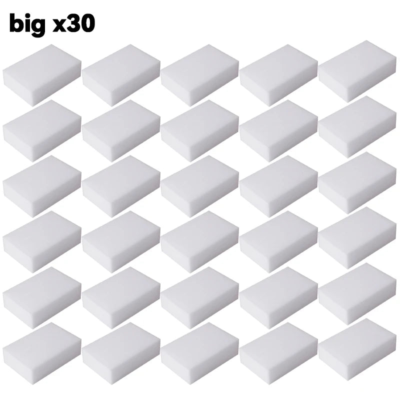A set of thirty white melamine sponge cleaning erasers or multi-purpose scrub sponges arranged in a grid.