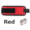 A black and red magnetic wrist strap for holding screws, nails, and small tools, shown next to a silver magnetic tool holder.