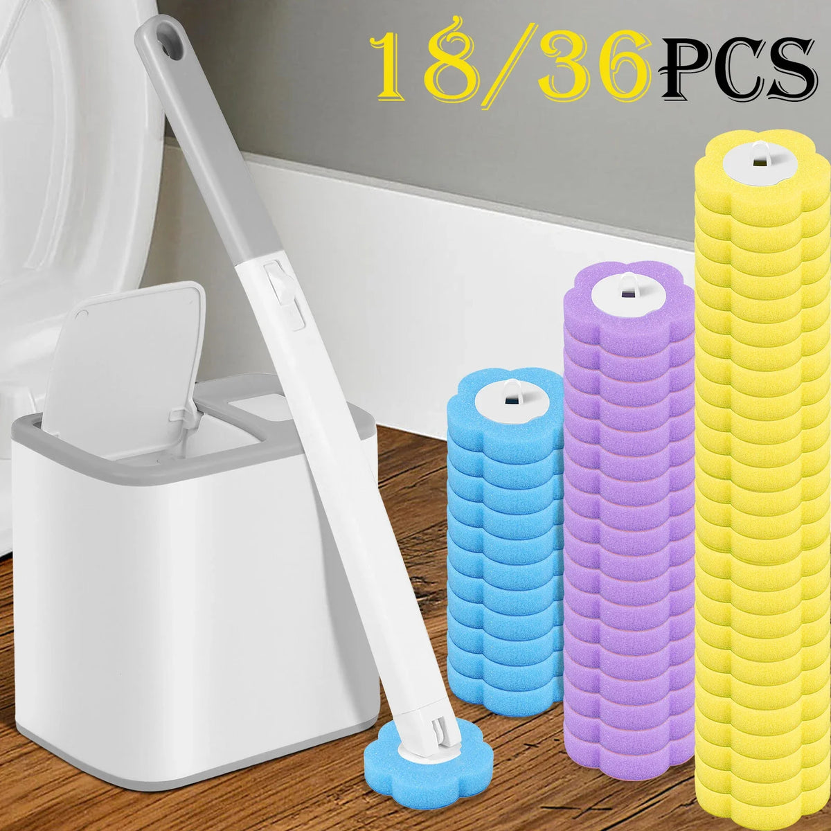 A set of disposable toilet brushes with replaceable heads in yellow and purple colors shown next to a white toilet.