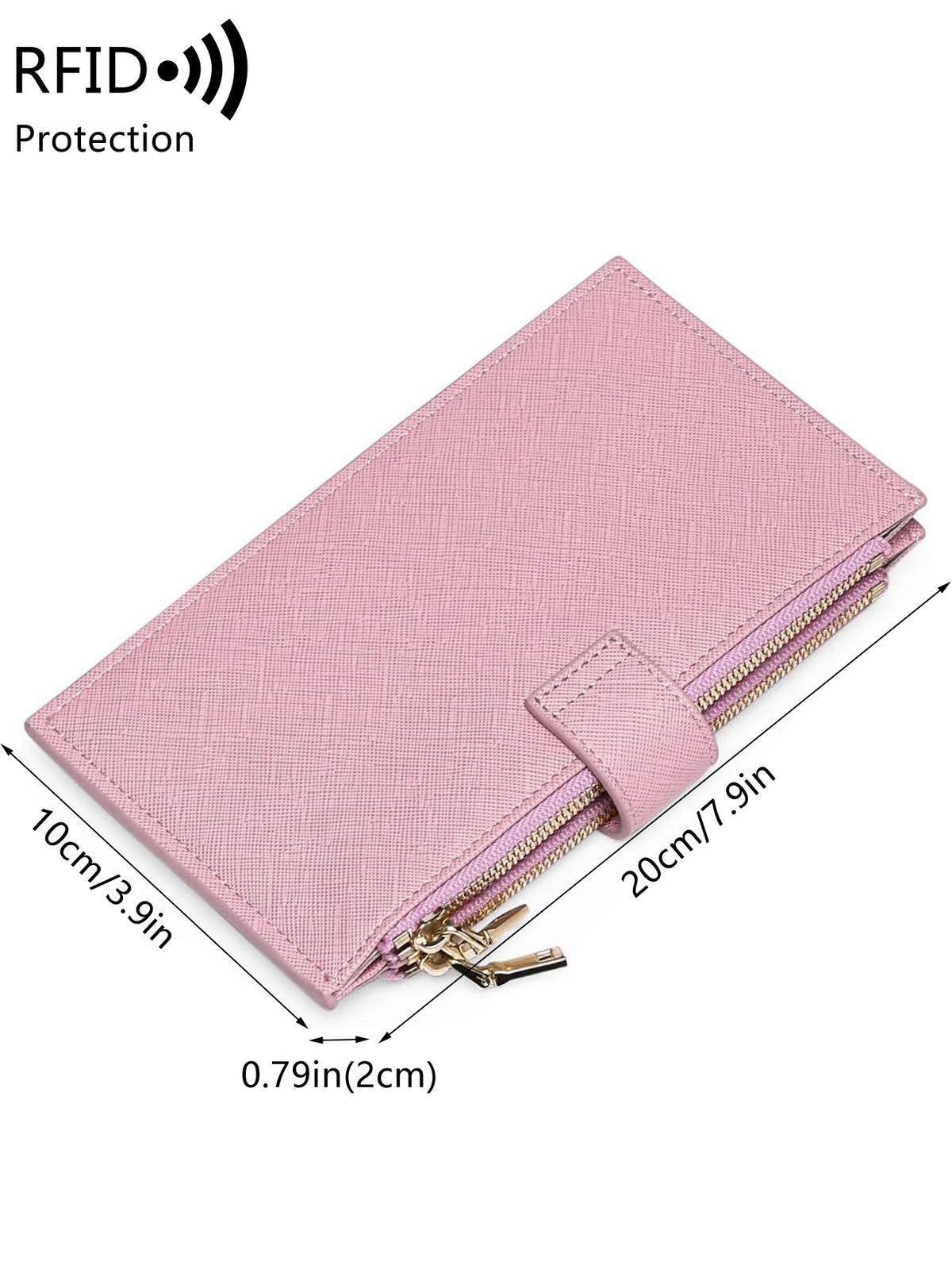 A pink RFID blocking extra-large bifold wallet with a double zipper security feature.