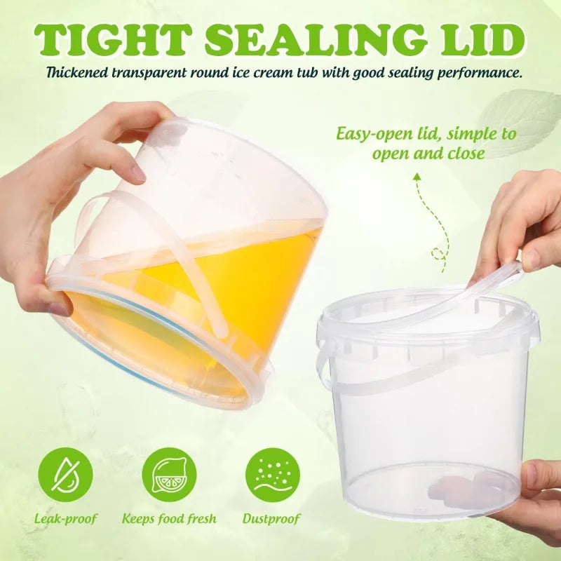 A hand is holding a transparent round ice cream tub with a tight sealing lid, demonstrating its easy-open and leakproof featu