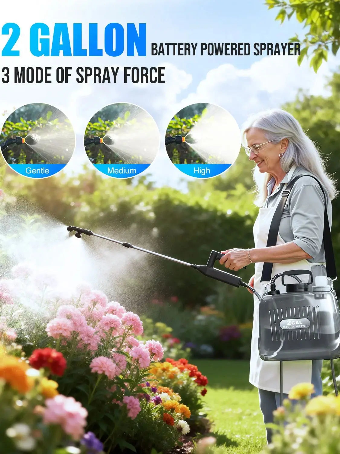 A woman sprays flowers in a garden using a 2 gallon battery-powered sprayer with three modes of spray force.