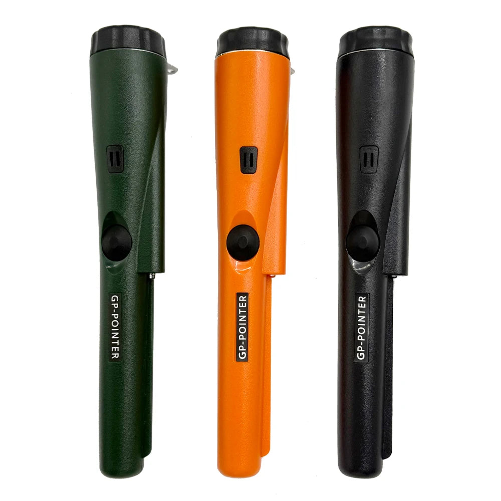 Three versions of a GP-Pointer handheld metal detector in black, green, and orange.