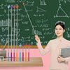 A woman points to mathematical equations written on a green chalkboard with a set of five retractable teacher pointers.