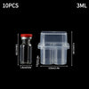 A clear plastic vial storage case with a red cap, shown next to its dimensions.