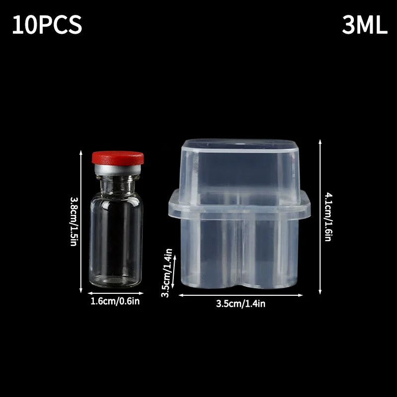 A clear plastic vial storage case with a red cap, shown next to its dimensions.