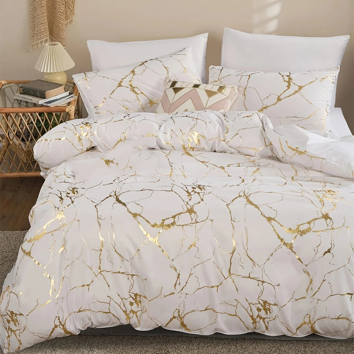 Luxury Marble Print 3-Piece Duvet Cover Set – Queen Size, Soft Microfiber, Zipper Closure
