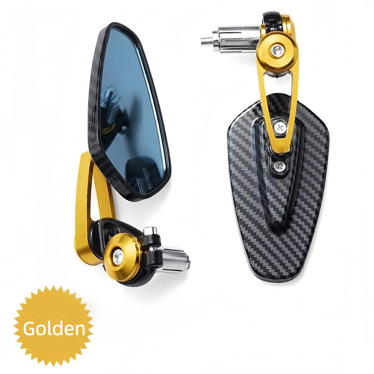 Golden carbon fiber motorcycle rearview mirrors with blue lenses and aluminum alloy mounting.