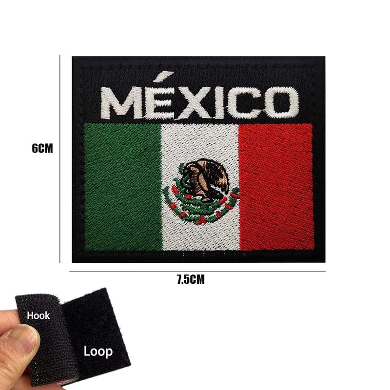 A black embroidery patch featuring the Mexican flag design with an eagle and the word MEXICO, attached to a hook-and-loop bac