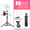 A black adjustable ring light with a tripod stand and phone holder, featuring a 6 inch 50cm light.