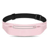 A pink ultra-thin waterproof running waist pack with a black strap shown from the top.