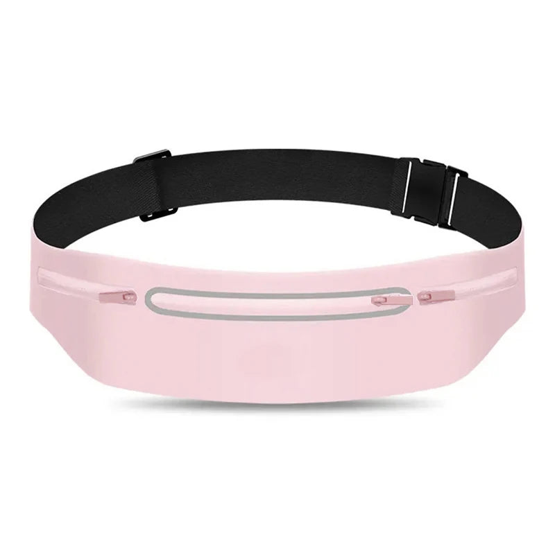 A pink ultra-thin waterproof running waist pack with a black strap shown from the top.