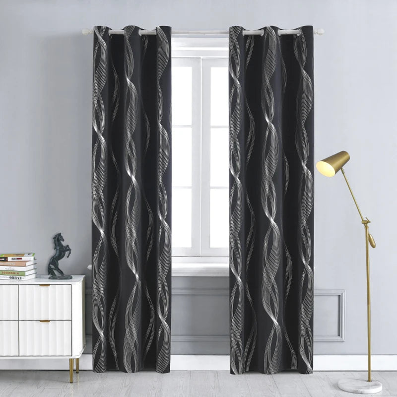 Silver Wave Pattern Blackout Curtains with Thermal Insulation and Noise Reduction