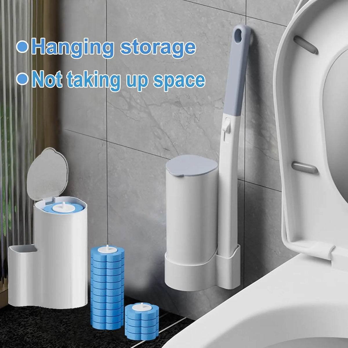 A white disposable toilet brush set with a wall-mount holder and four blue refill pads is shown next to a toilet.