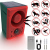 A red solar-powered motion sensor alarm device with a strobe light and remote control, shown next to various prohibited anima
