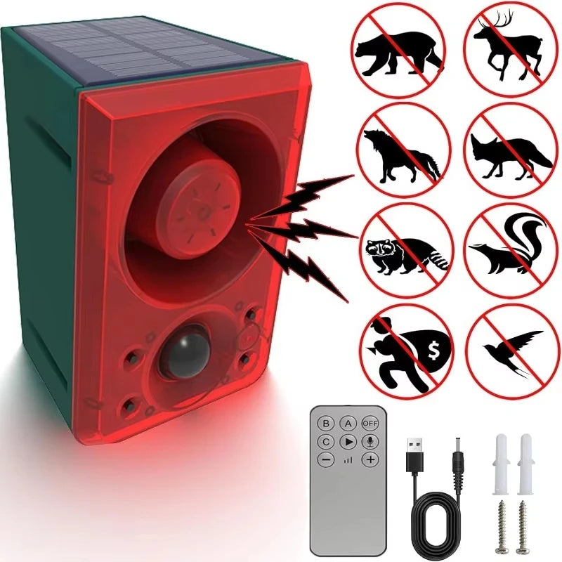 A red solar-powered motion sensor alarm device with a strobe light and remote control, shown next to various prohibited anima
