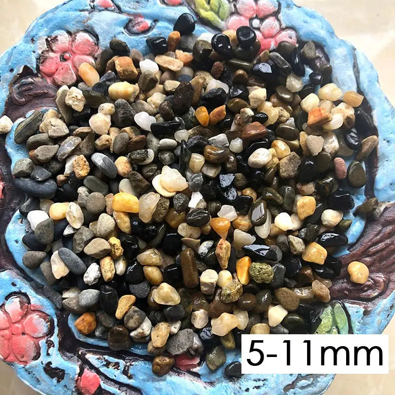 A close-up view of various decorative stone pebbles in mixed shades of black, gray, and tan on a blue ceramic surface.