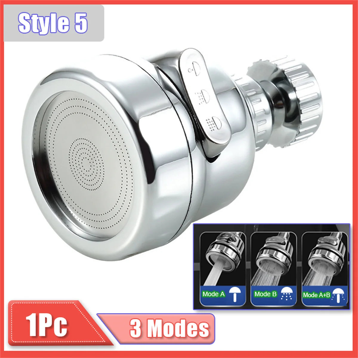 A chrome kitchen faucet adapter featuring 3 modes for multi-flow settings.