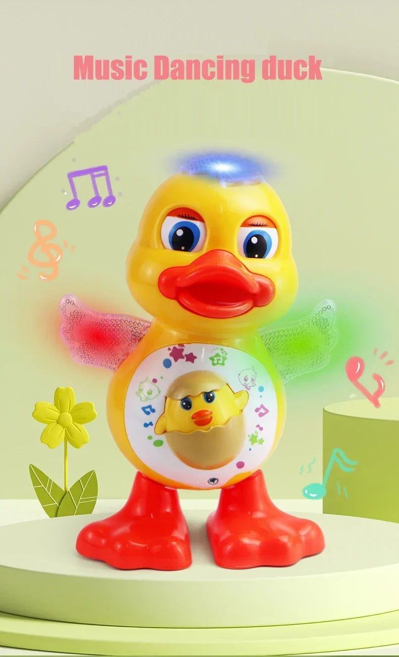 A yellow duck toy with glowing eyes and a red beak is shown dancing on a light green surface.