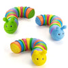 A colorful, articulated fidget slug toy with a striped body and a green head is shown in various positions.