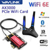A WAVLINK AX3000 PCIe WiFi card with Bluetooth 5.2 and Wi-Fi 6E specifications shown.
