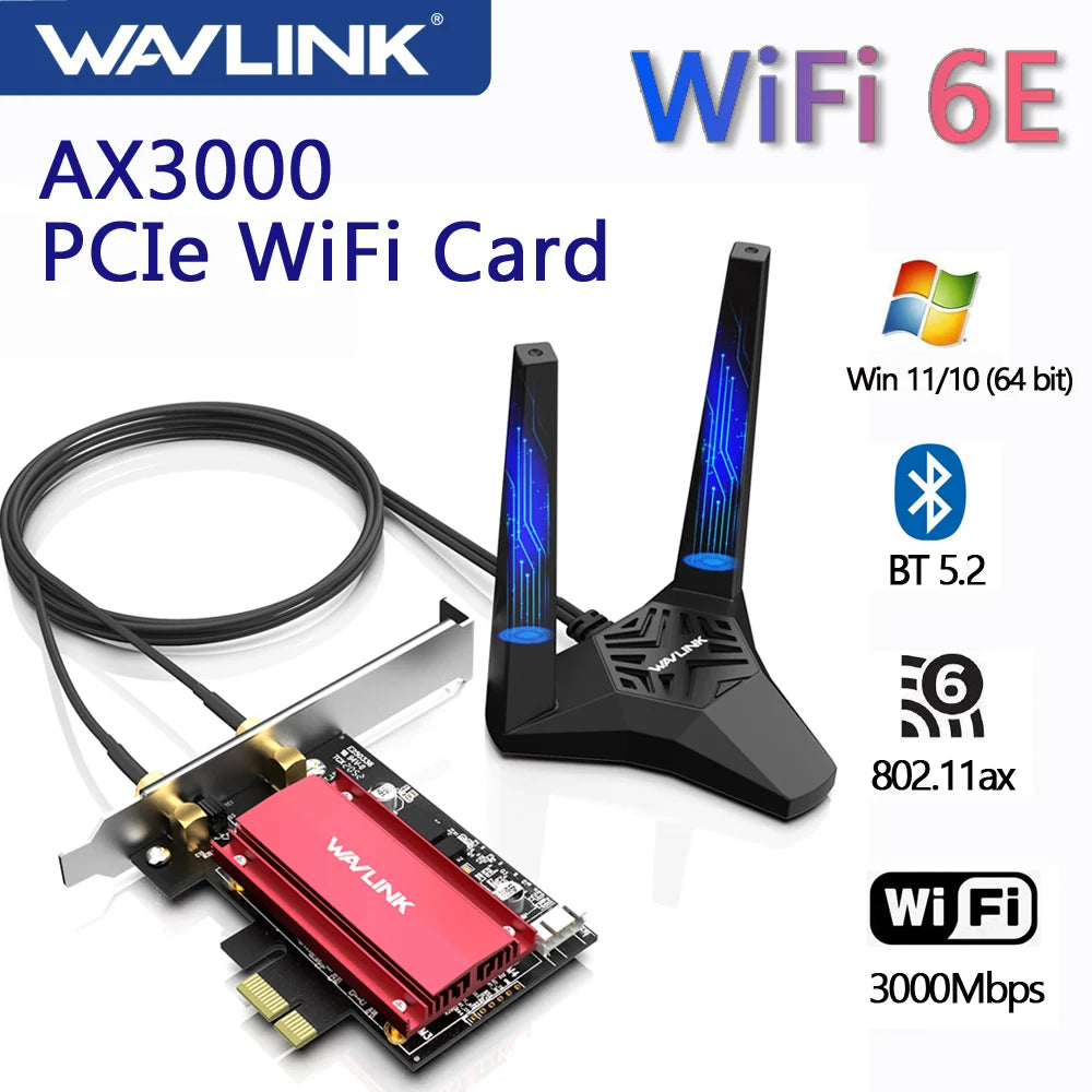 A WAVLINK AX3000 PCIe WiFi card with Bluetooth 5.2 and Wi-Fi 6E specifications shown.