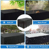 Black weatherproof patio furniture cover offering anti-UV, rain-proof, dust-proof, and snow/ice protection.
