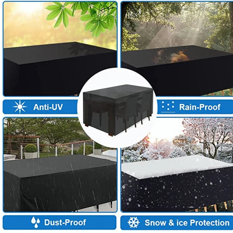 Black weatherproof patio furniture cover offering anti-UV, rain-proof, dust-proof, and snow/ice protection.