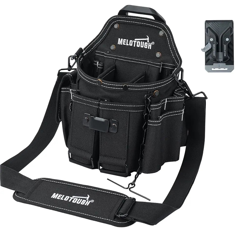 Black Melotough heavy-duty tool pouch with a quick-release belt clip and attached strap.