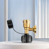 A brass digital propane tank gauge with a leak detector mounted on a black base, shown against a light background.