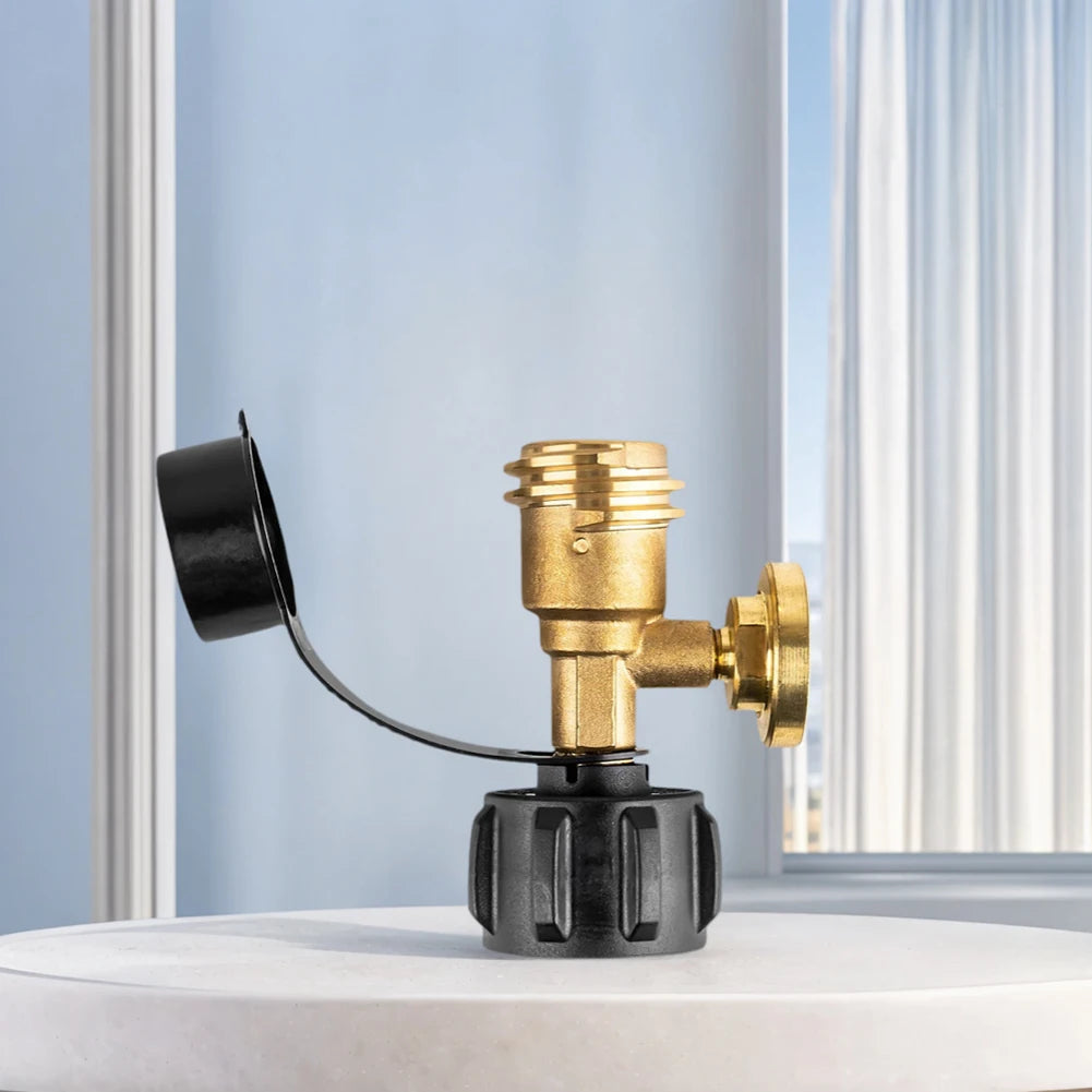 A brass digital propane tank gauge with a leak detector mounted on a black base, shown against a light background.