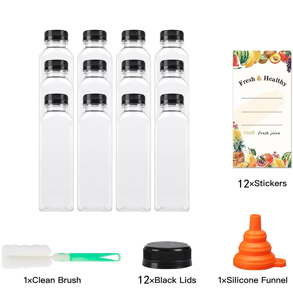 Clear Reusable Juice Bottles with Cleaning Brush and Funnel