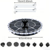 A circular solar-powered floating fountain with a dark panel and LED light, shown with various mounting options.