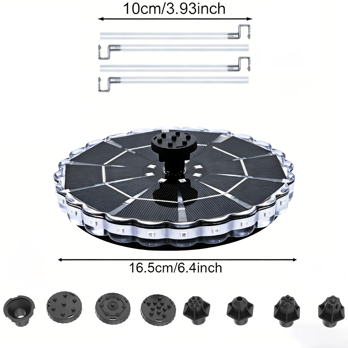 A circular solar-powered floating fountain with a dark panel and LED light, shown with various mounting options.